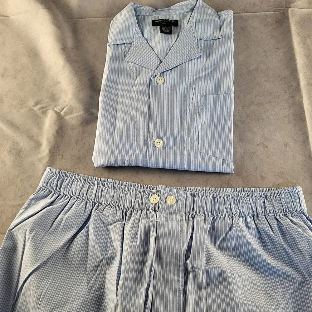 New John Bartlett Statements Mens L 2 PC Pajama Set Blue & Gray Stripes